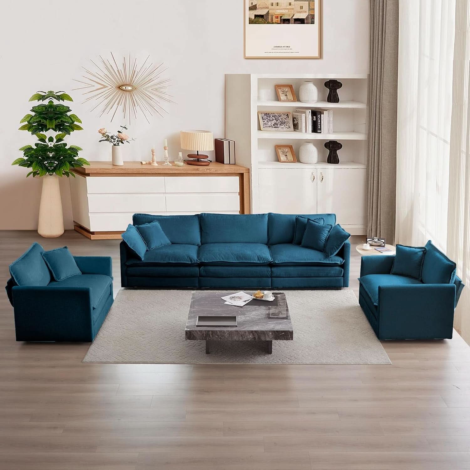 Blue Chenille Three Piece Sofa Set With Seven Pillows