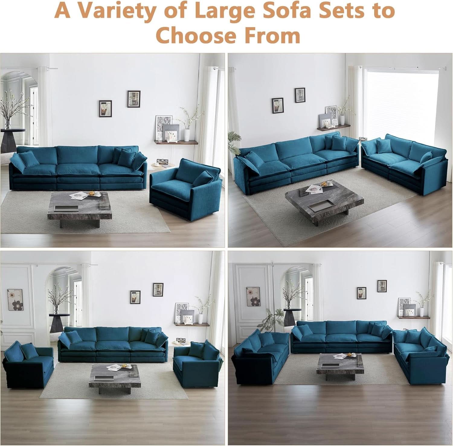 Blue Chenille Three Piece Sofa Set With Seven Pillows