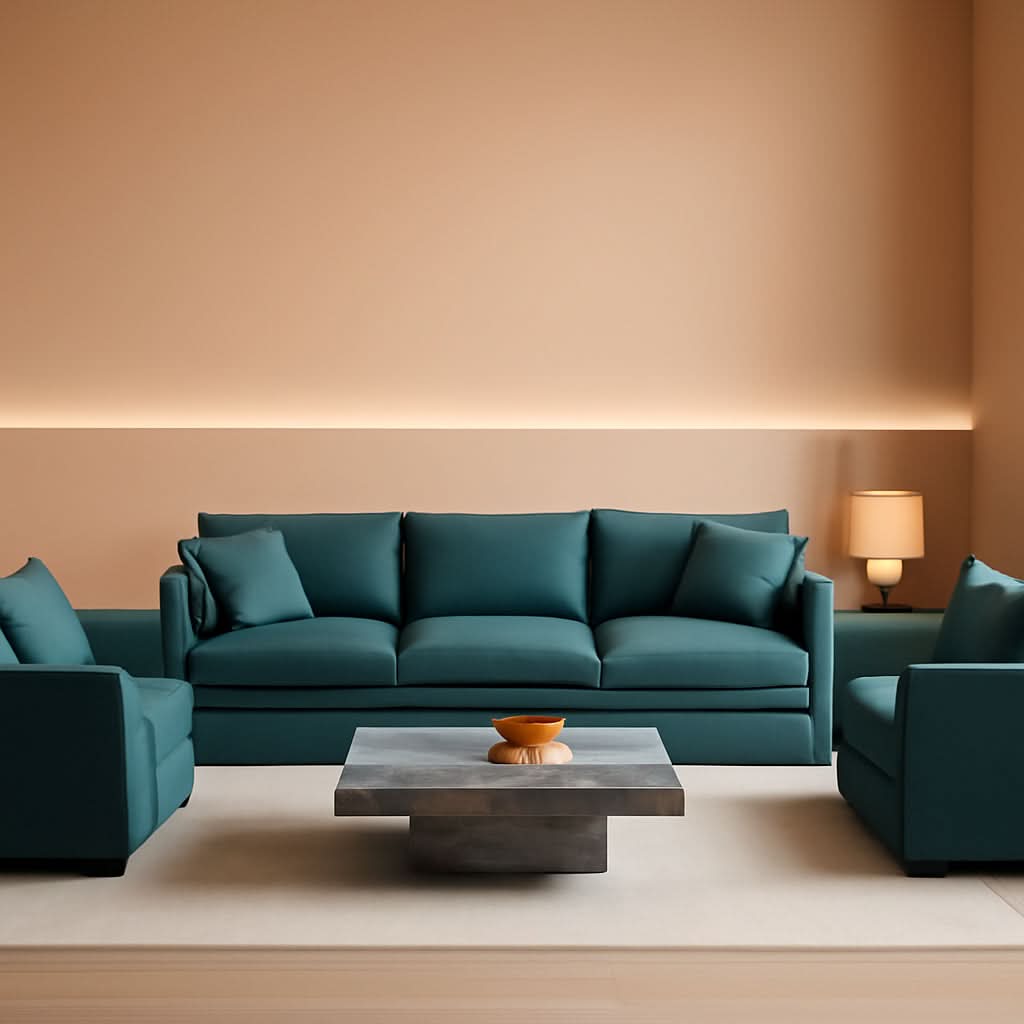 Blue Chenille Three Piece Sofa Set With Seven Pillows