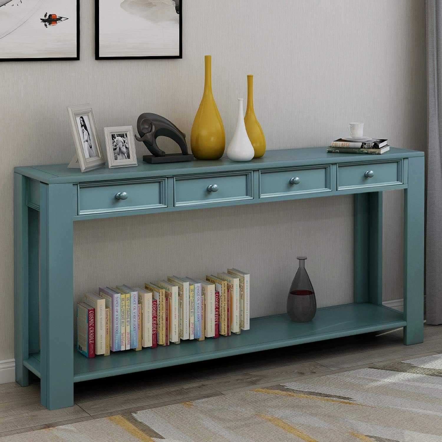 Blue Console Table With Drawers For Living Room Decor