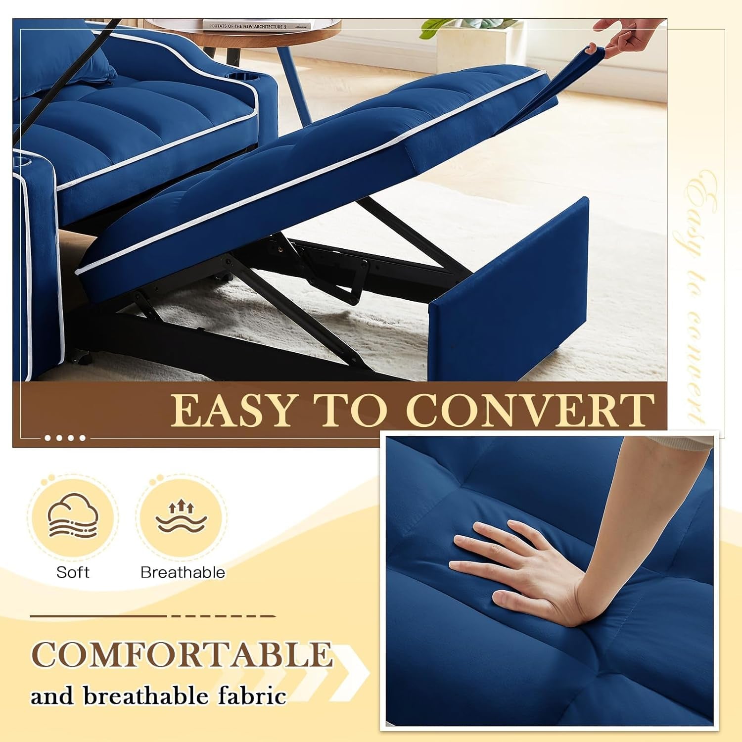 Blue Convertible Sleeper Chair With Integrated Cupholder