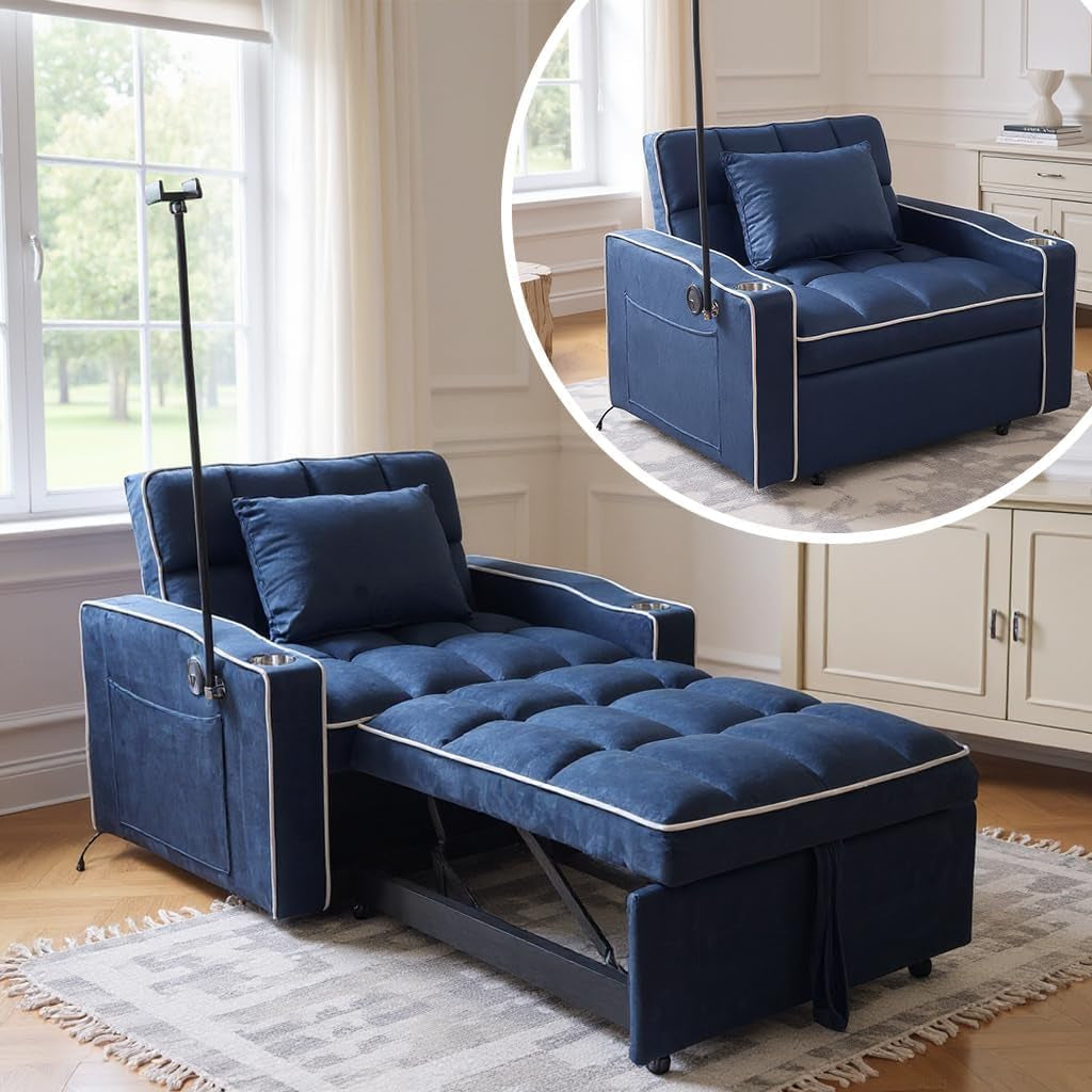 Blue Convertible Sleeper Chair With Integrated Cupholder