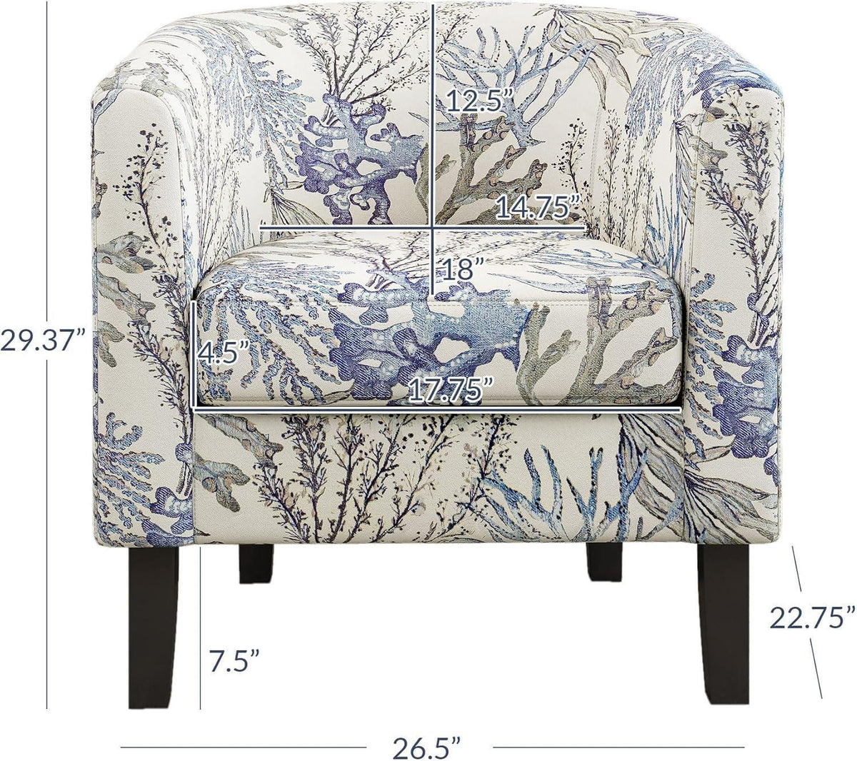Blue Coral Barrel Chair With Soft Padding Linen Upholstery