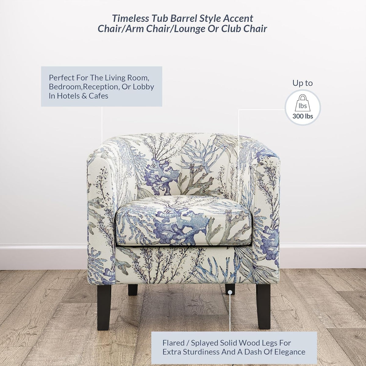 Blue Coral Barrel Chair With Soft Padding Linen Upholstery
