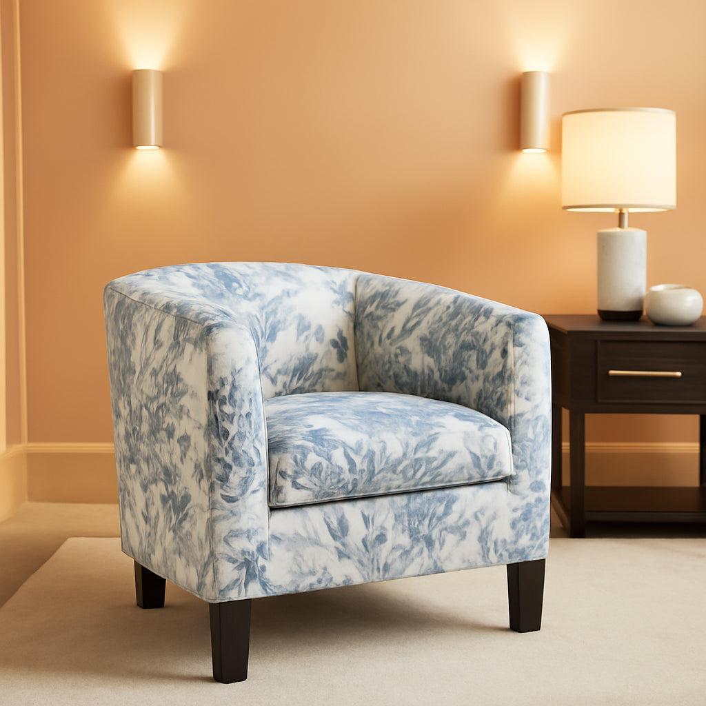 Blue Coral Barrel Chair With Soft Padding Linen Upholstery