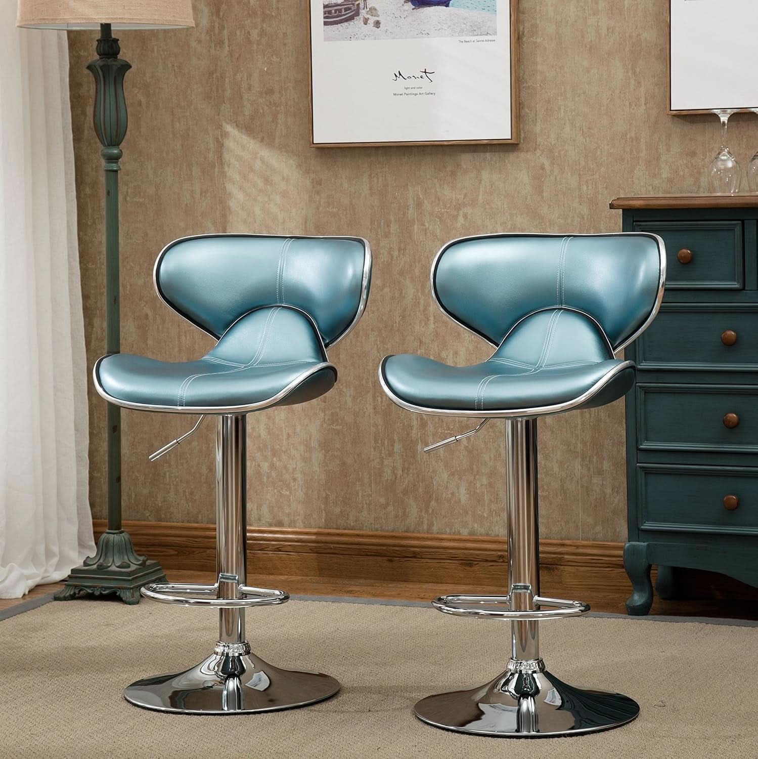 Blue Cushioned Leatherette Barstools Set Of 2 With Airlift Height And Swivel