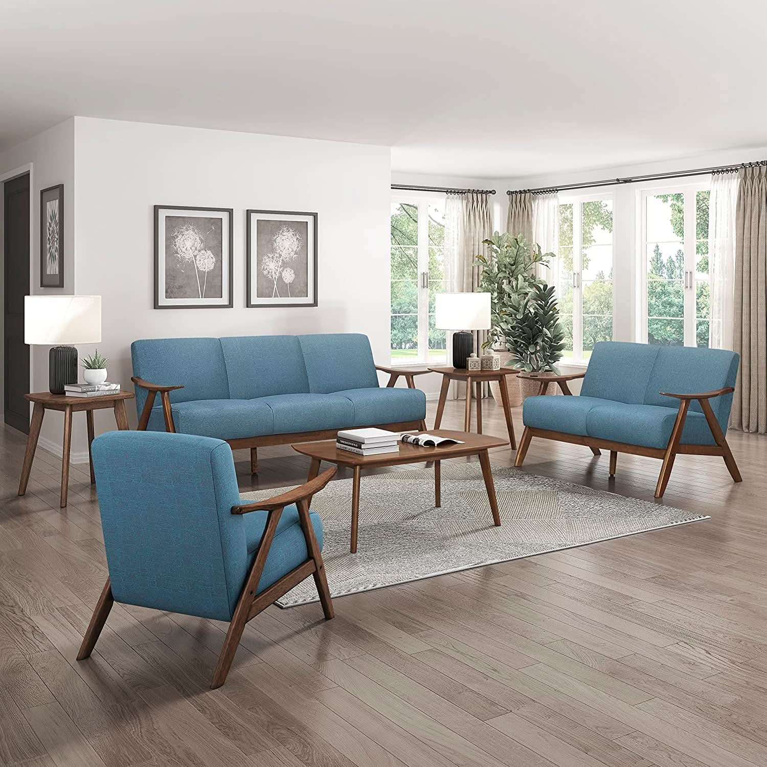 Blue Elle Accent Chair With Linen Upholstery Retro Style
