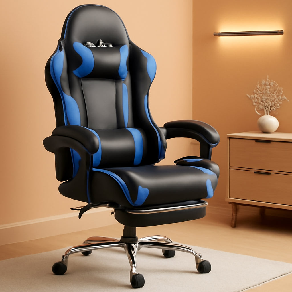 Blue Ergonomic Gaming Desk Chair With Footrest And Lumbar Support