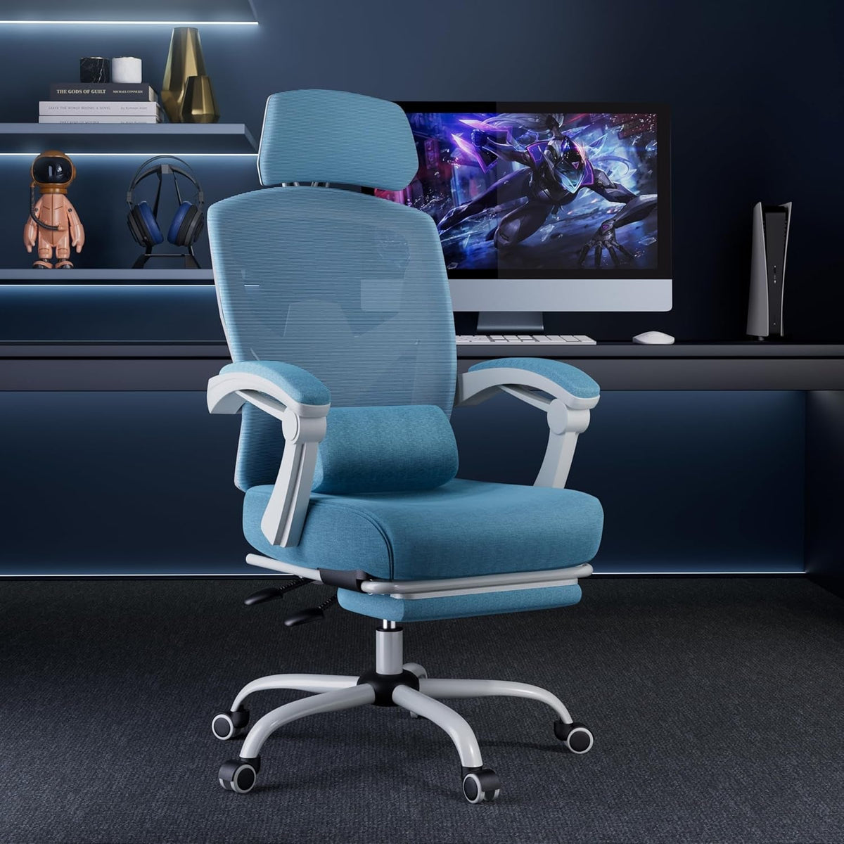 Blue Ergonomic High Back Desk Chair With Footrest Lumbar