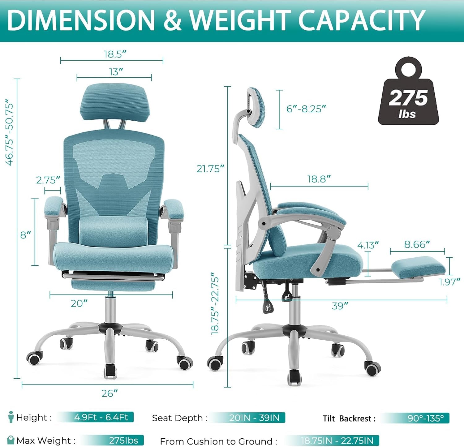 Blue Ergonomic High Back Desk Chair With Footrest Lumbar