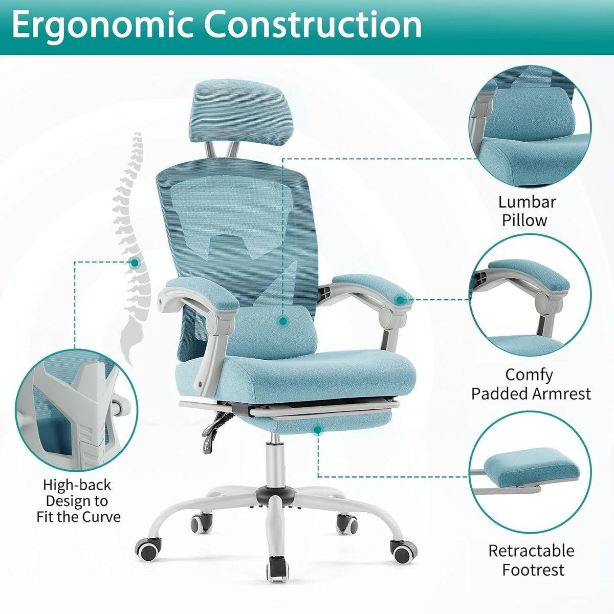 Blue Ergonomic High Back Desk Chair With Footrest Lumbar