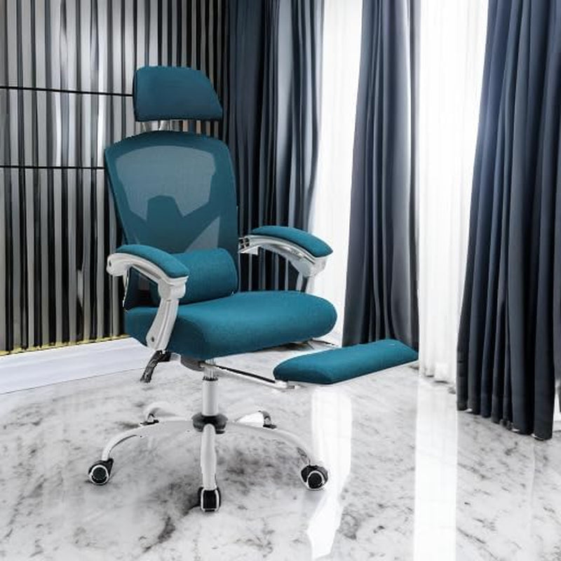 Blue Ergonomic High Back Desk Chair With Footrest Lumbar