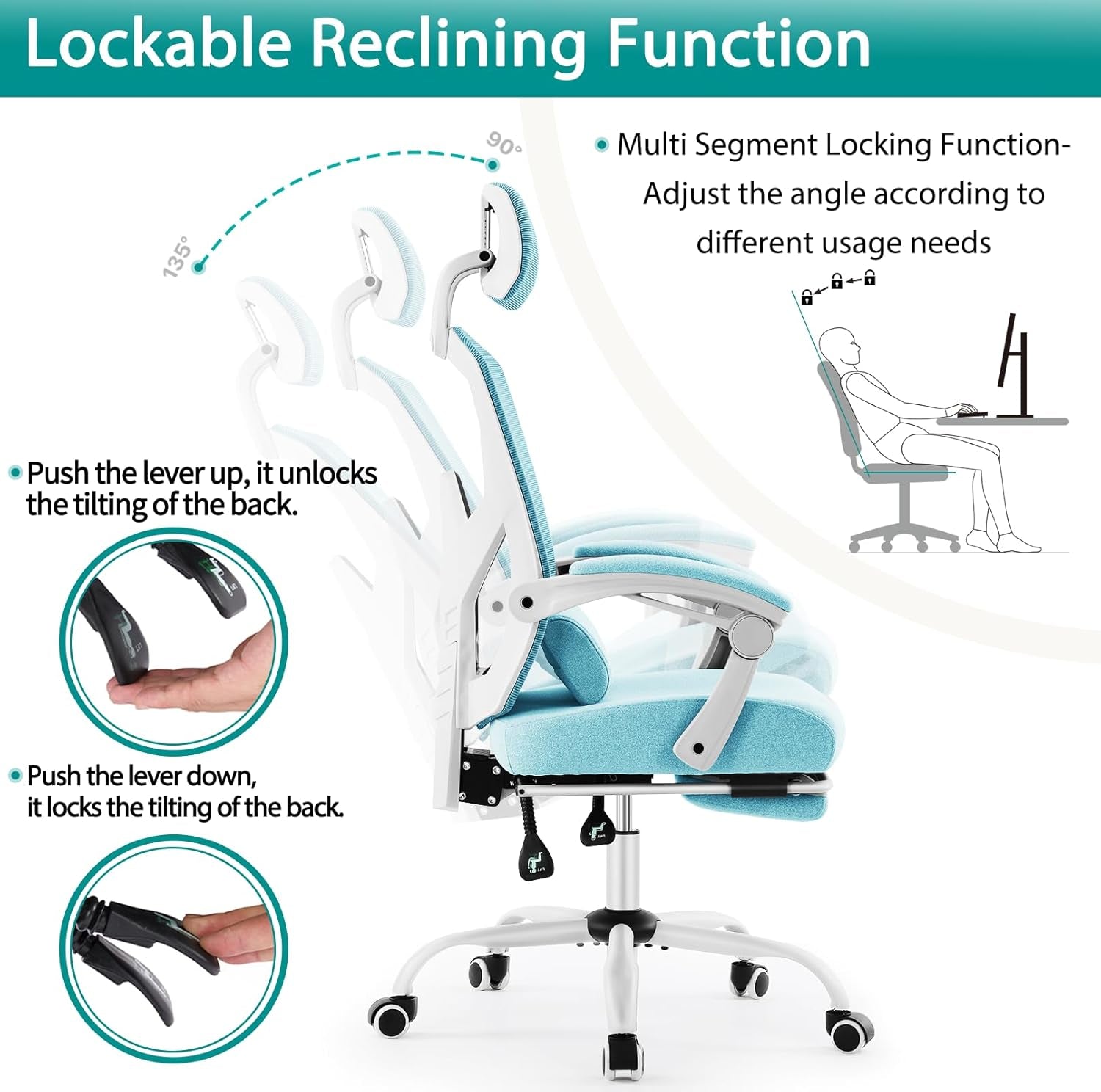 Blue Ergonomic High Back Desk Chair With Footrest Lumbar