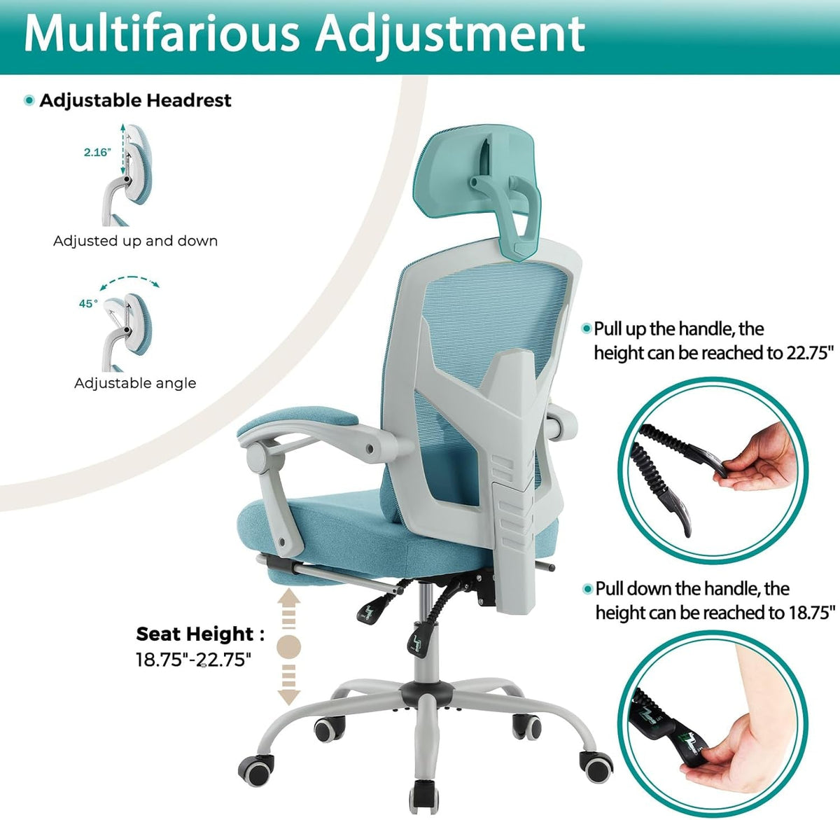 Blue Ergonomic High Back Desk Chair With Footrest Lumbar
