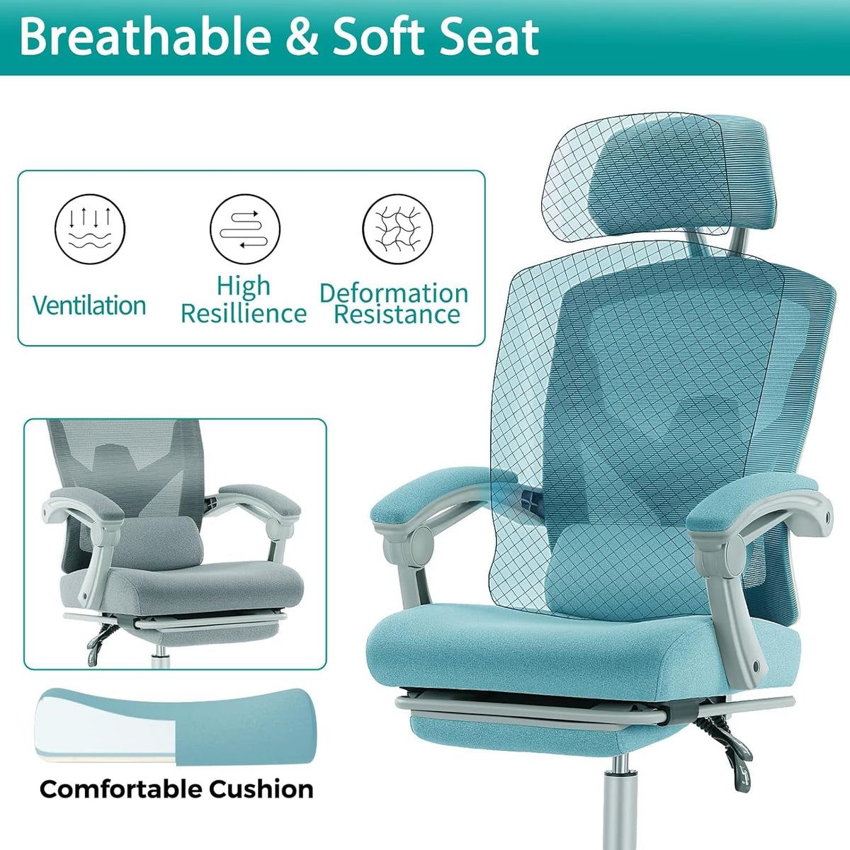 Blue Ergonomic High Back Desk Chair With Footrest Lumbar
