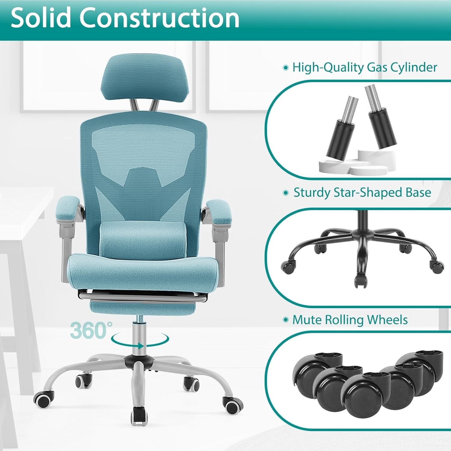 Blue Ergonomic High Back Desk Chair With Footrest Lumbar