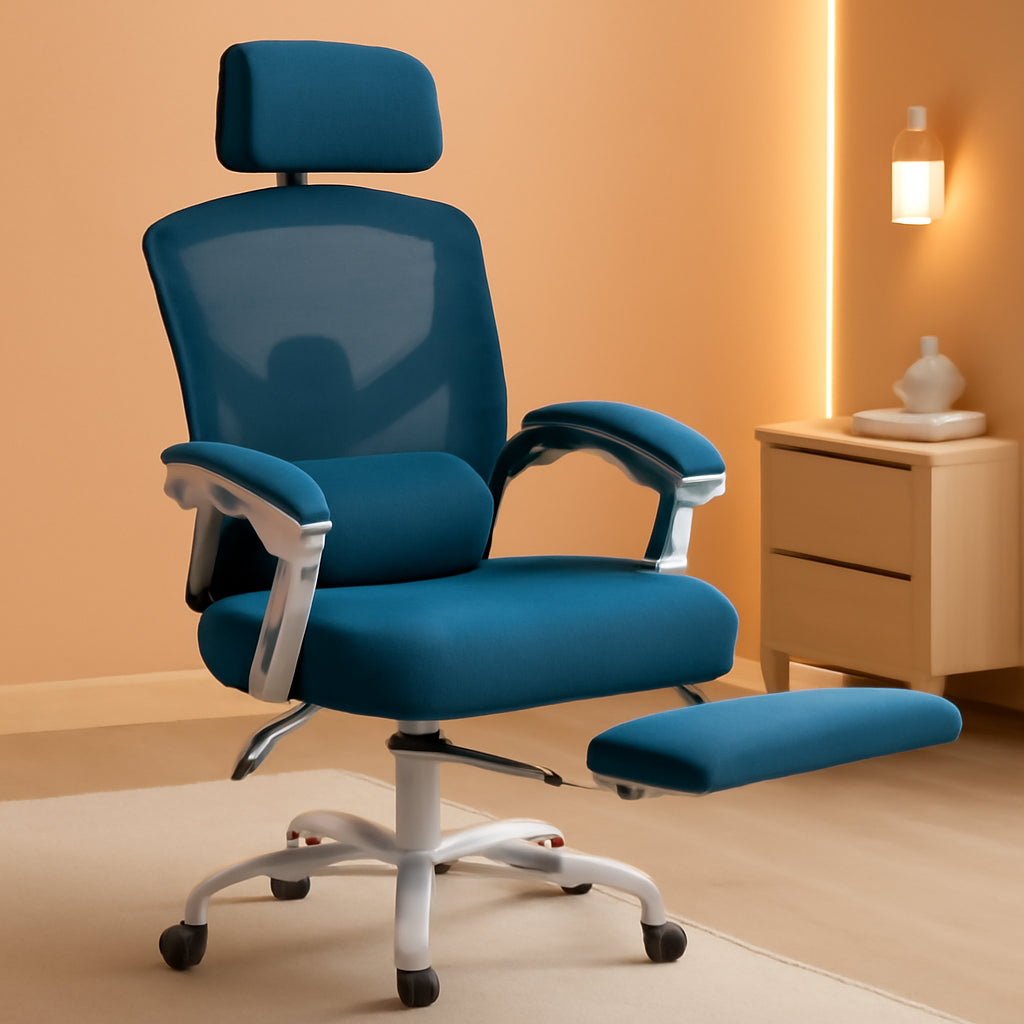 Blue Ergonomic High Back Desk Chair With Footrest Lumbar