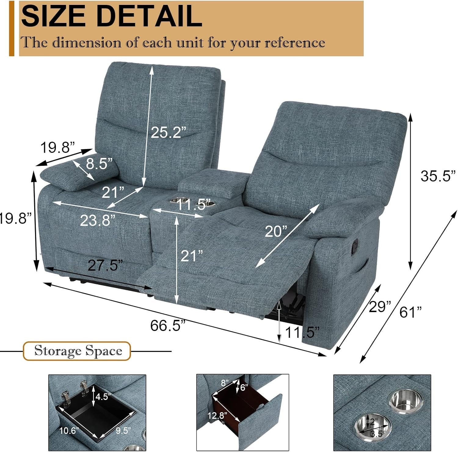 Blue Fabric Double Reclining Loveseat With Console