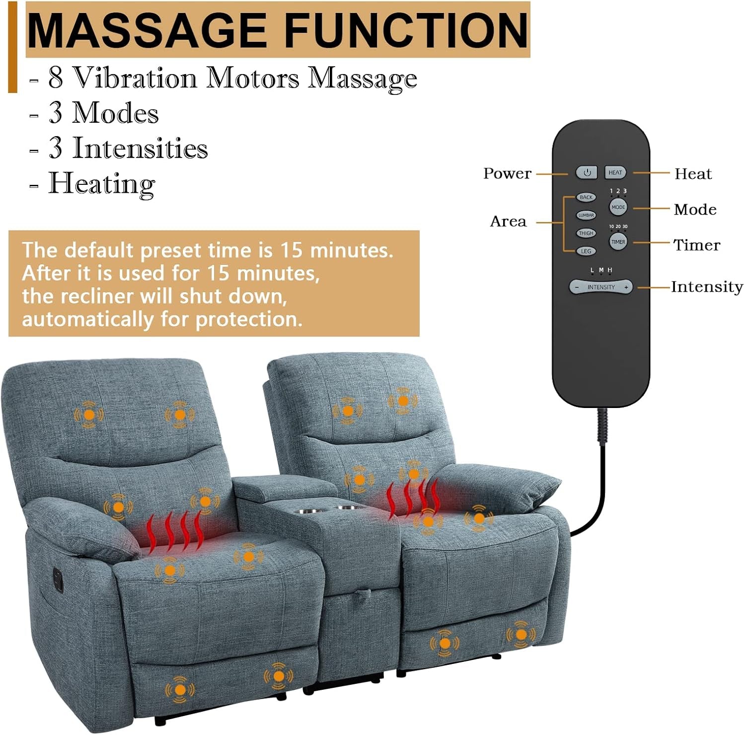 Blue Fabric Double Reclining Loveseat With Console