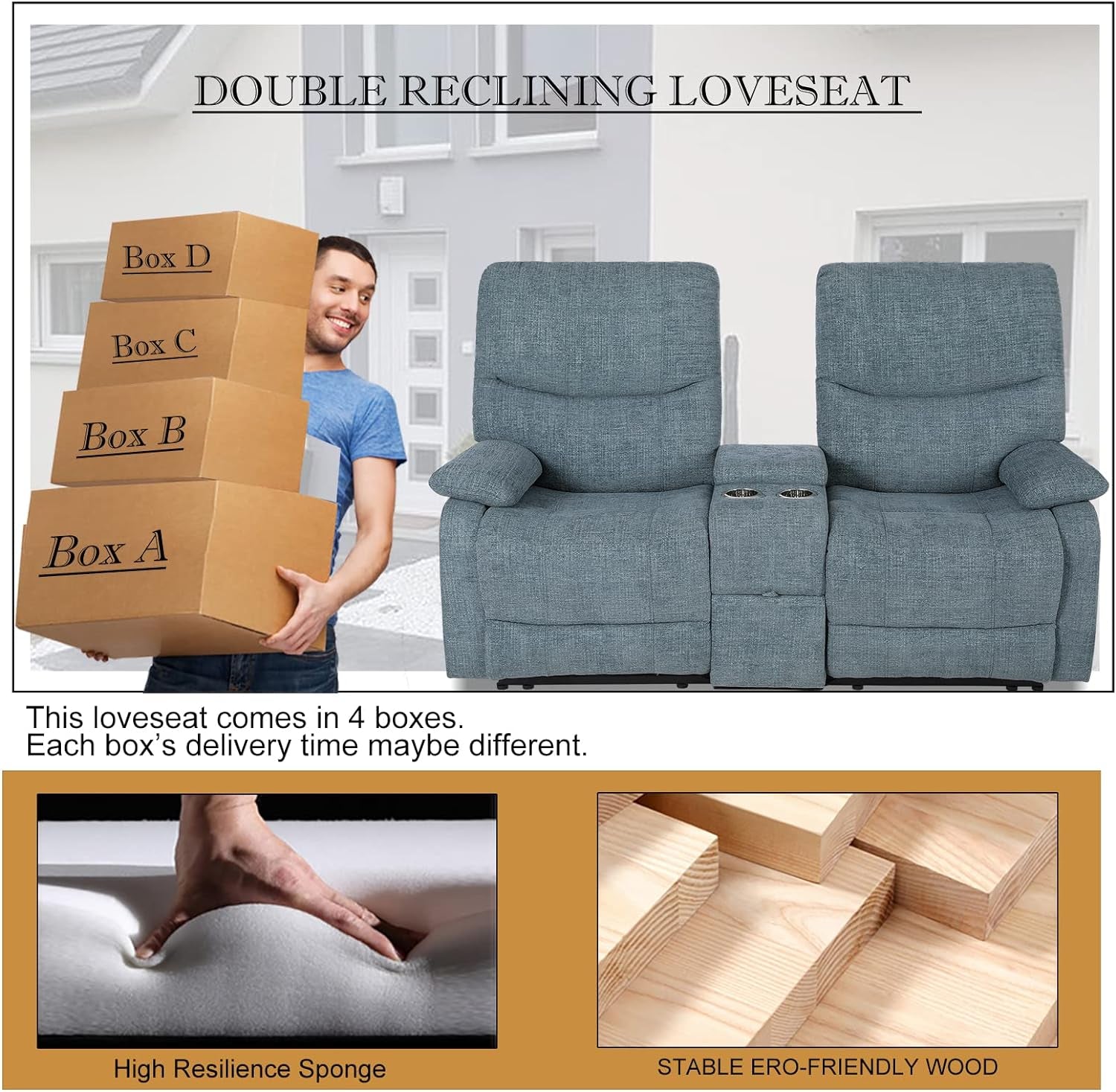 Blue Fabric Double Reclining Loveseat With Console