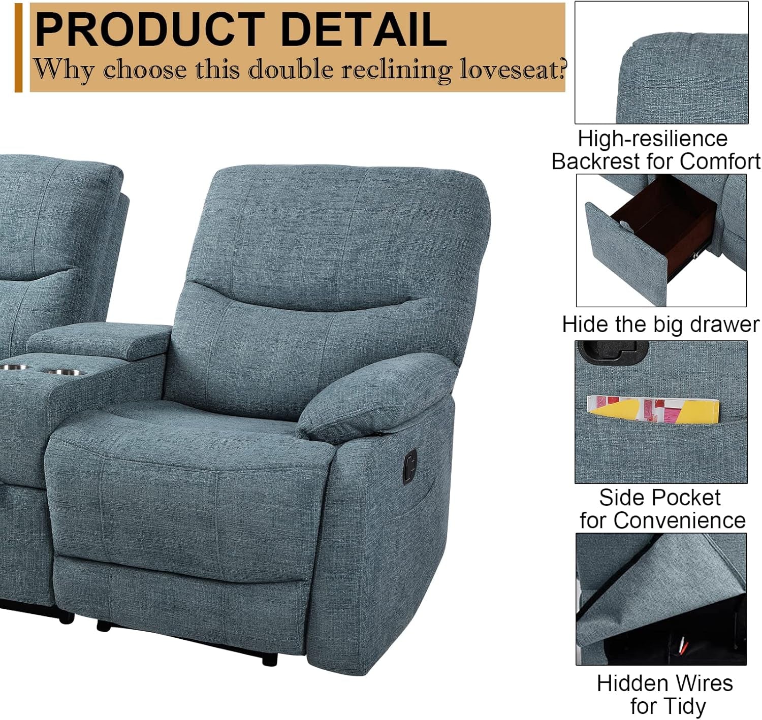 Blue Fabric Double Reclining Loveseat With Console