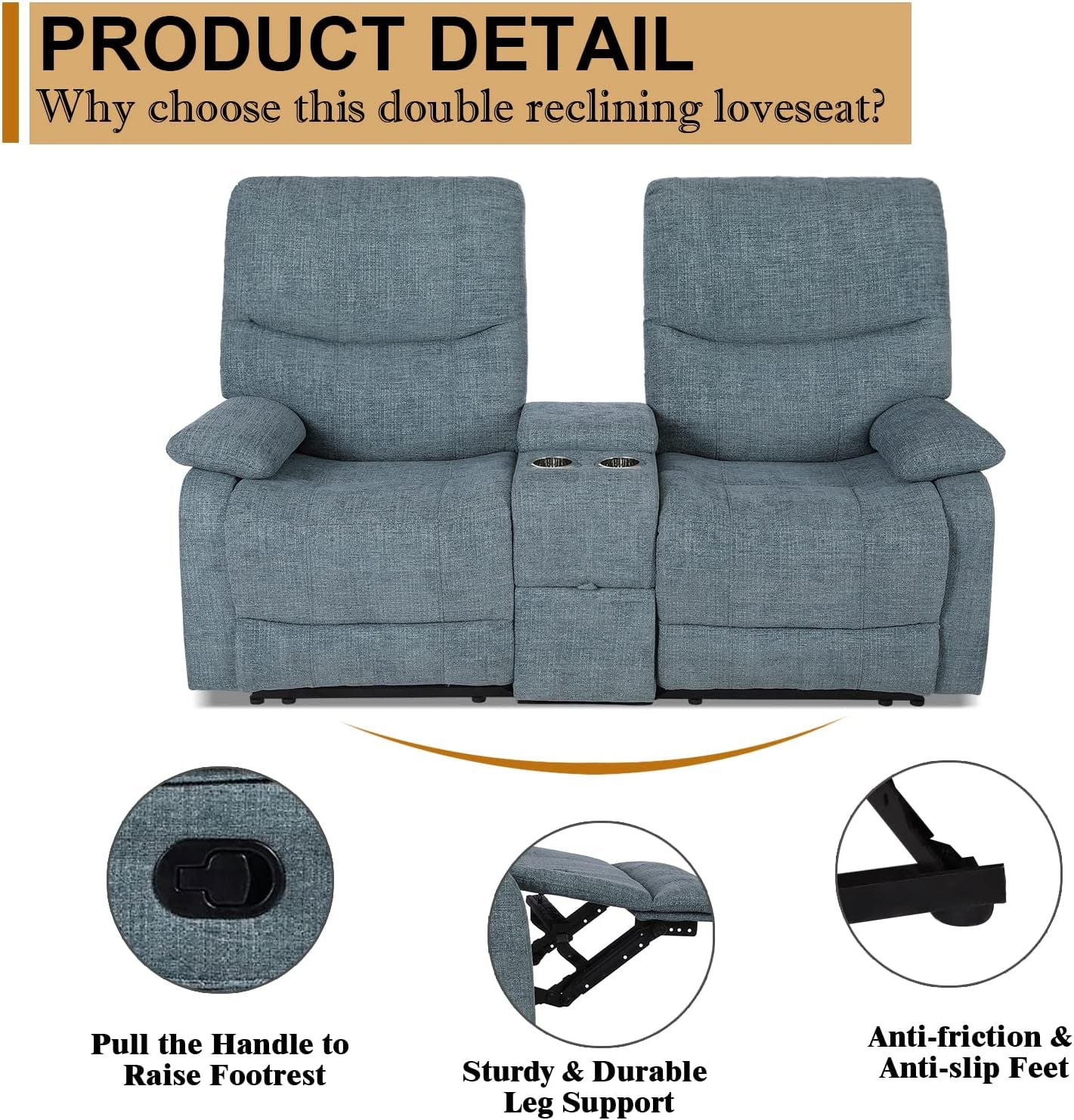 Blue Fabric Double Reclining Loveseat With Console