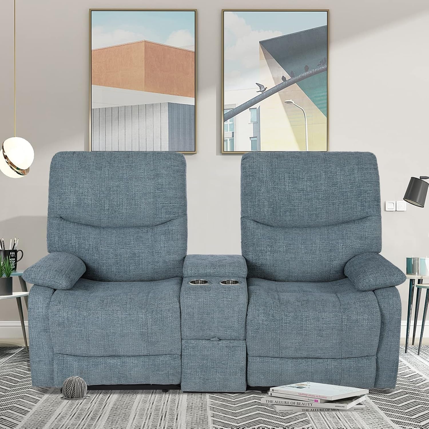 Blue Fabric Double Reclining Loveseat With Console