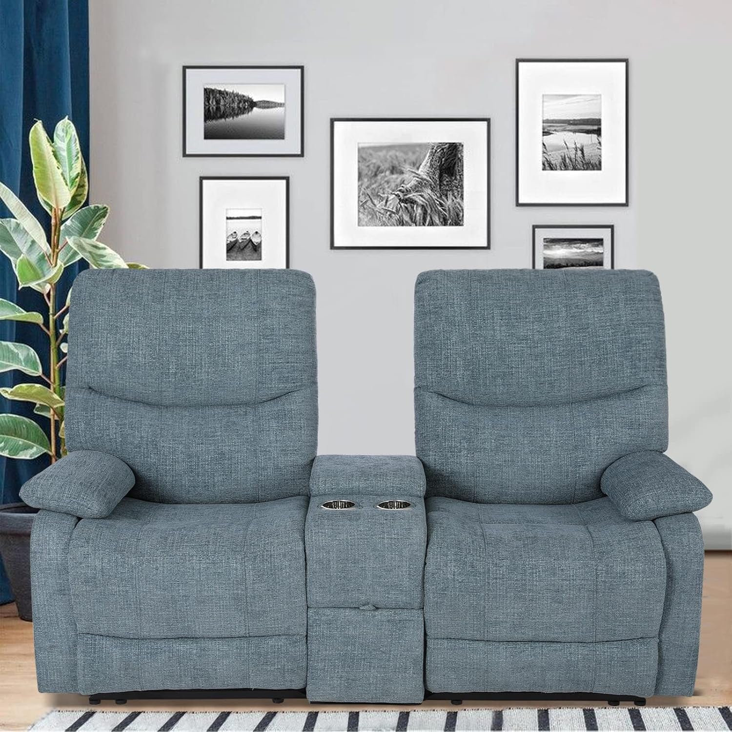 Blue Fabric Double Reclining Loveseat With Console