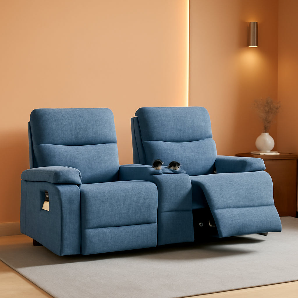 Blue Fabric Double Reclining Loveseat With Console