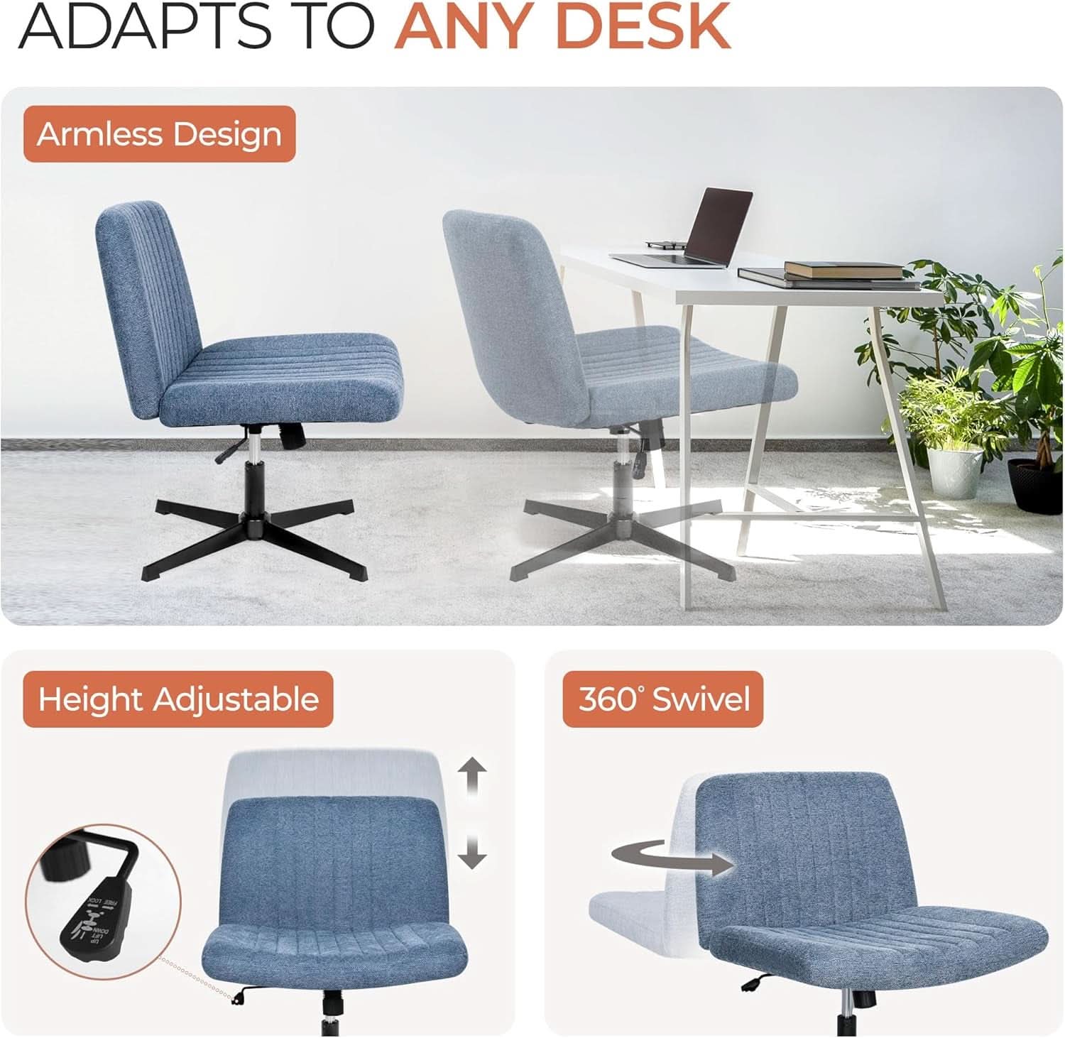 Blue Fabric Padded Cross Legged Office Chair Height Adjustable