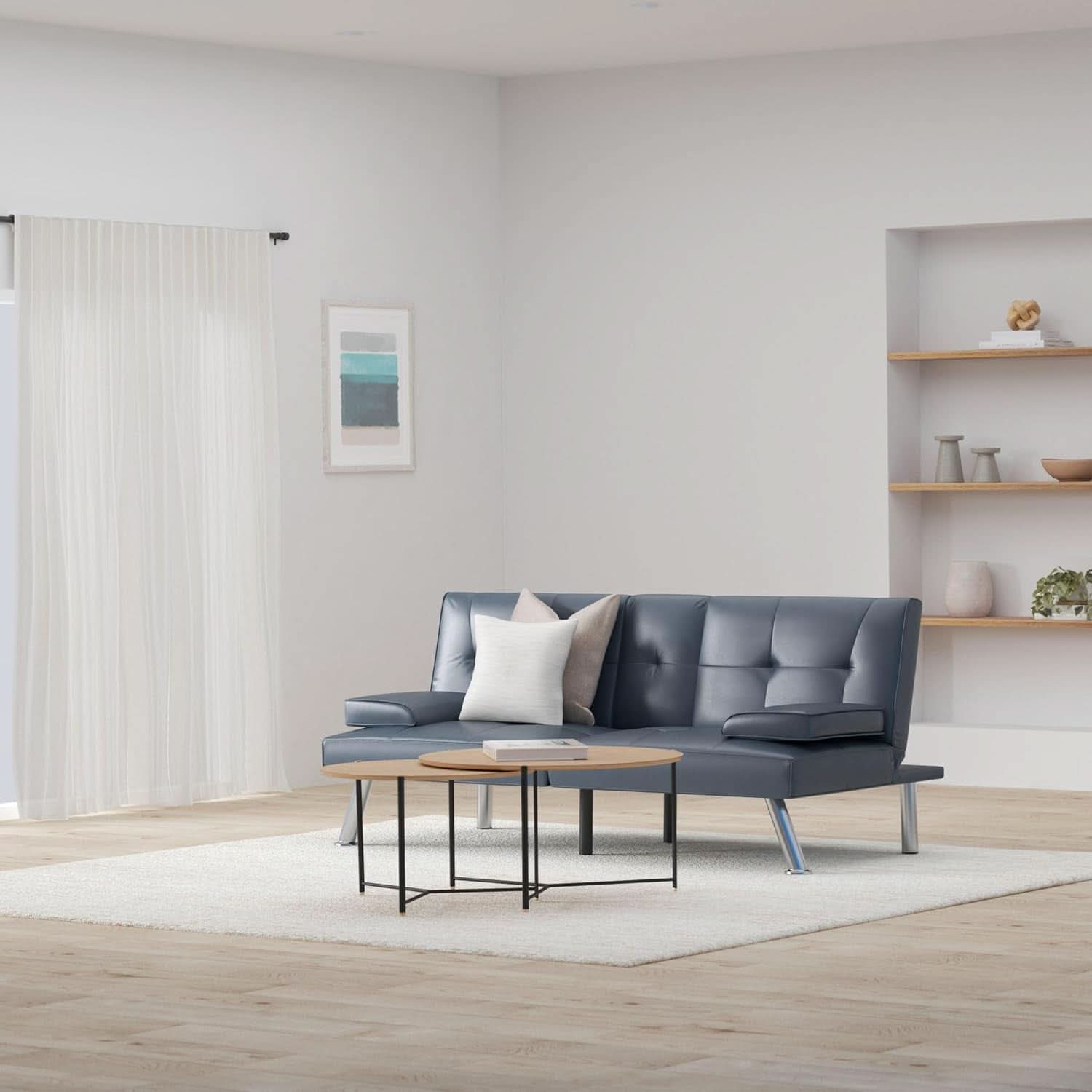 Blue Faux Leather Convertible Futon Sofa Bed Adjustable