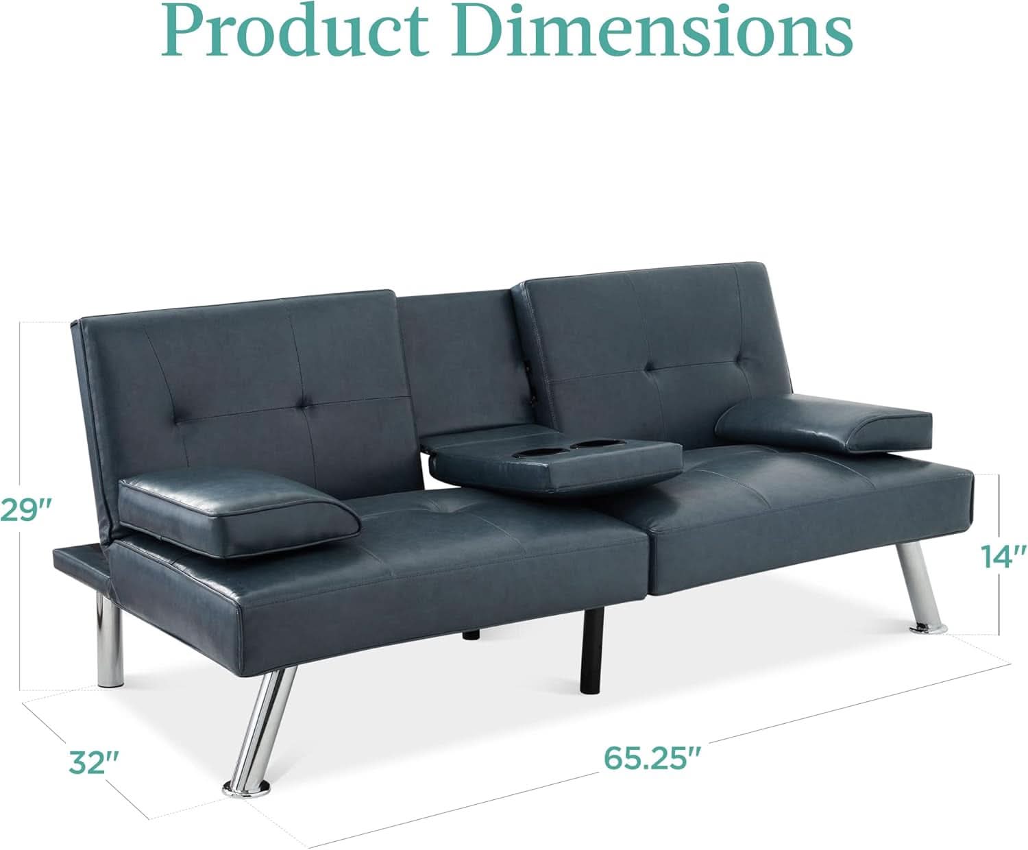 Blue Faux Leather Convertible Futon Sofa Bed Adjustable