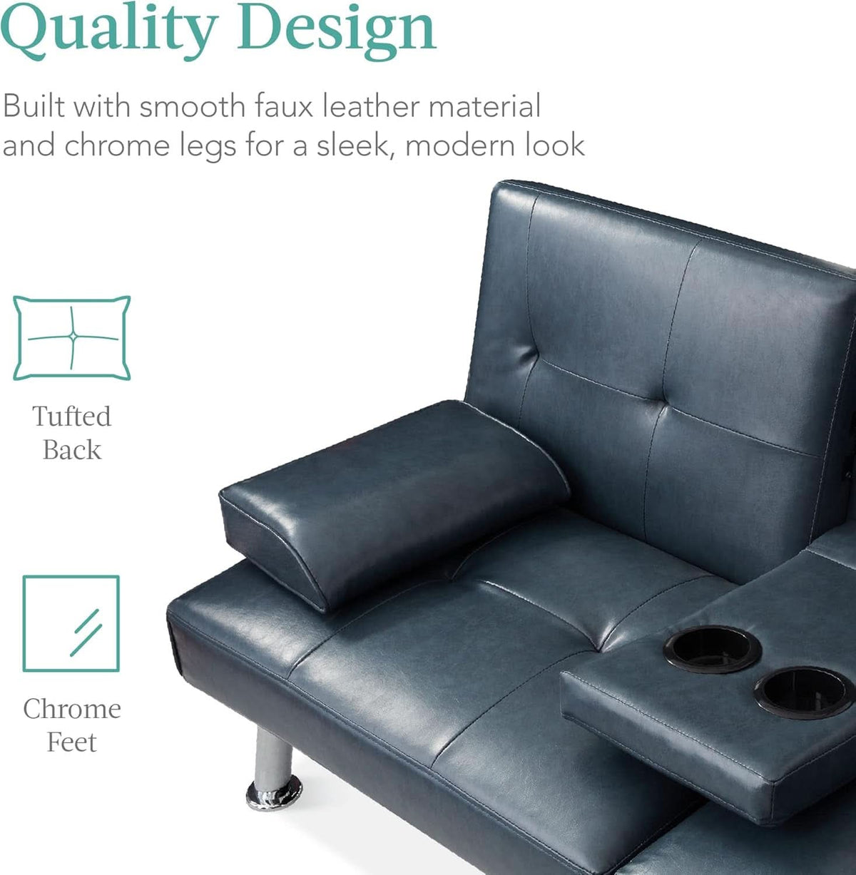 Blue Faux Leather Convertible Futon Sofa Bed Adjustable
