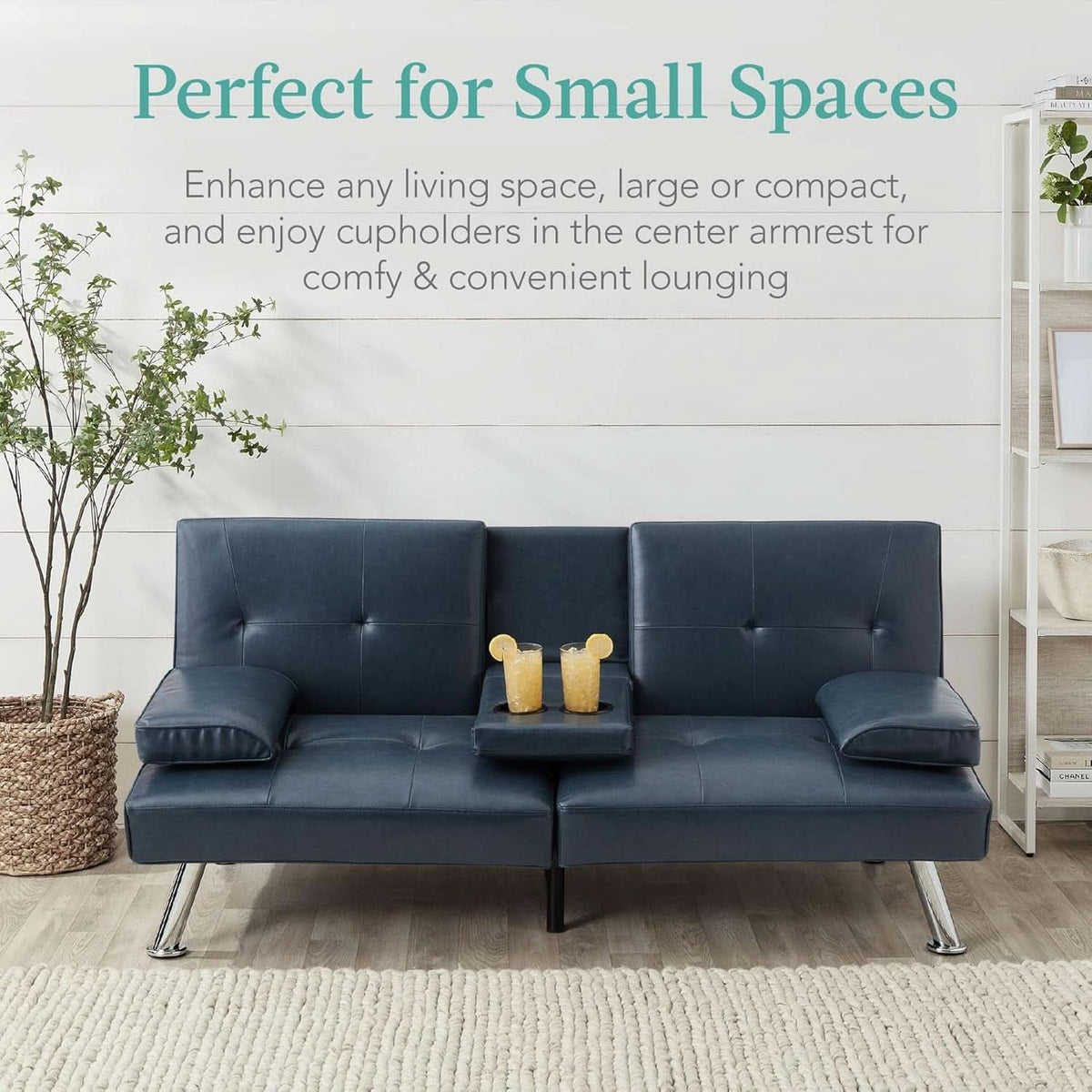 Blue Faux Leather Convertible Futon Sofa Bed Adjustable