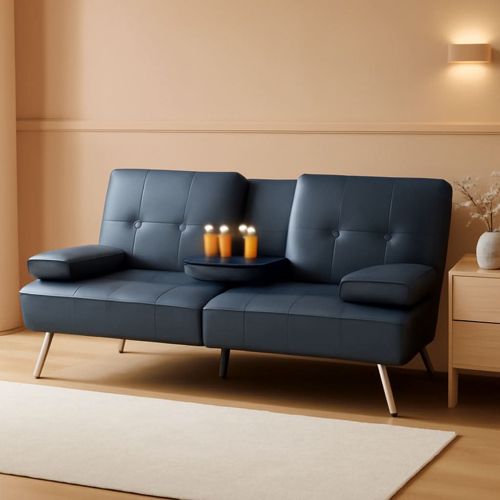 Blue Faux Leather Convertible Futon Sofa Bed Adjustable