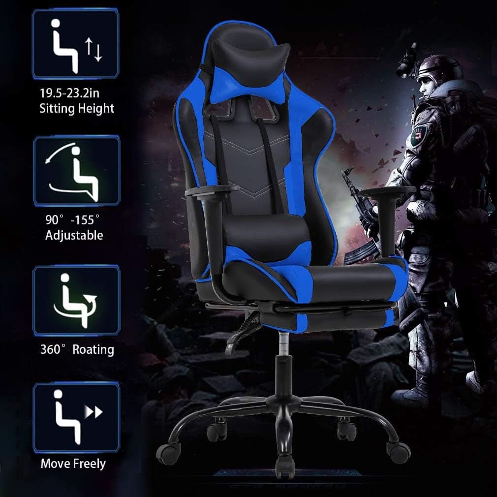 Blue Gaming Chair With Footrest And Lumbar Support For Desk