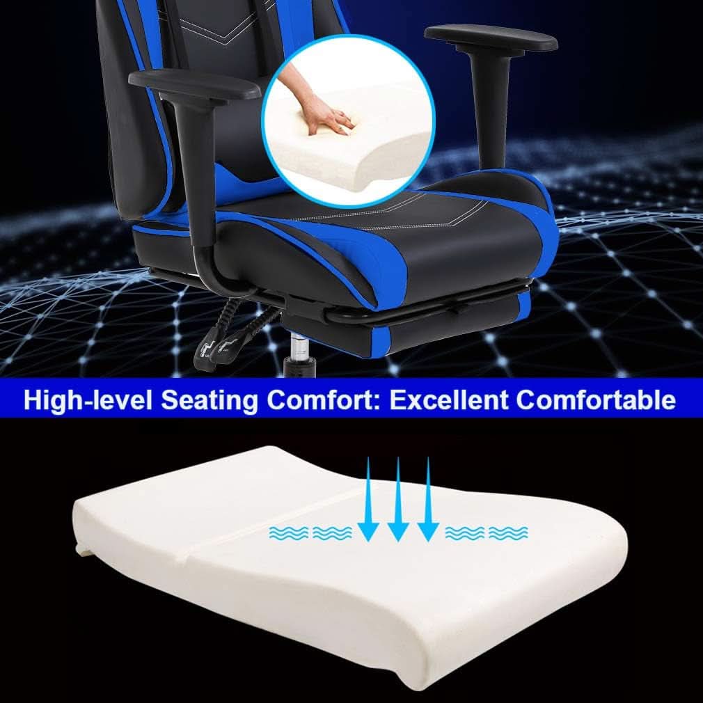 Blue Gaming Chair With Footrest And Lumbar Support For Desk