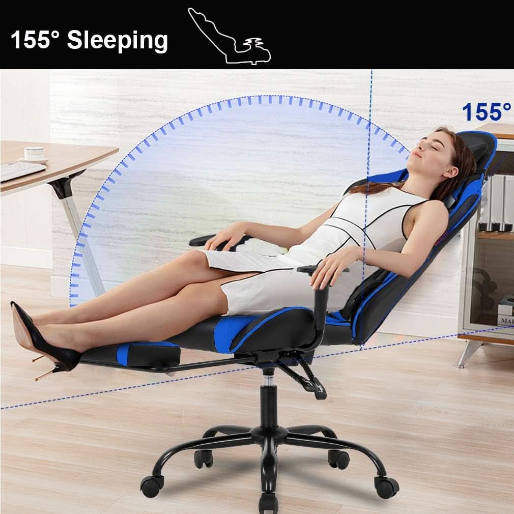 Blue Gaming Chair With Footrest And Lumbar Support For Desk