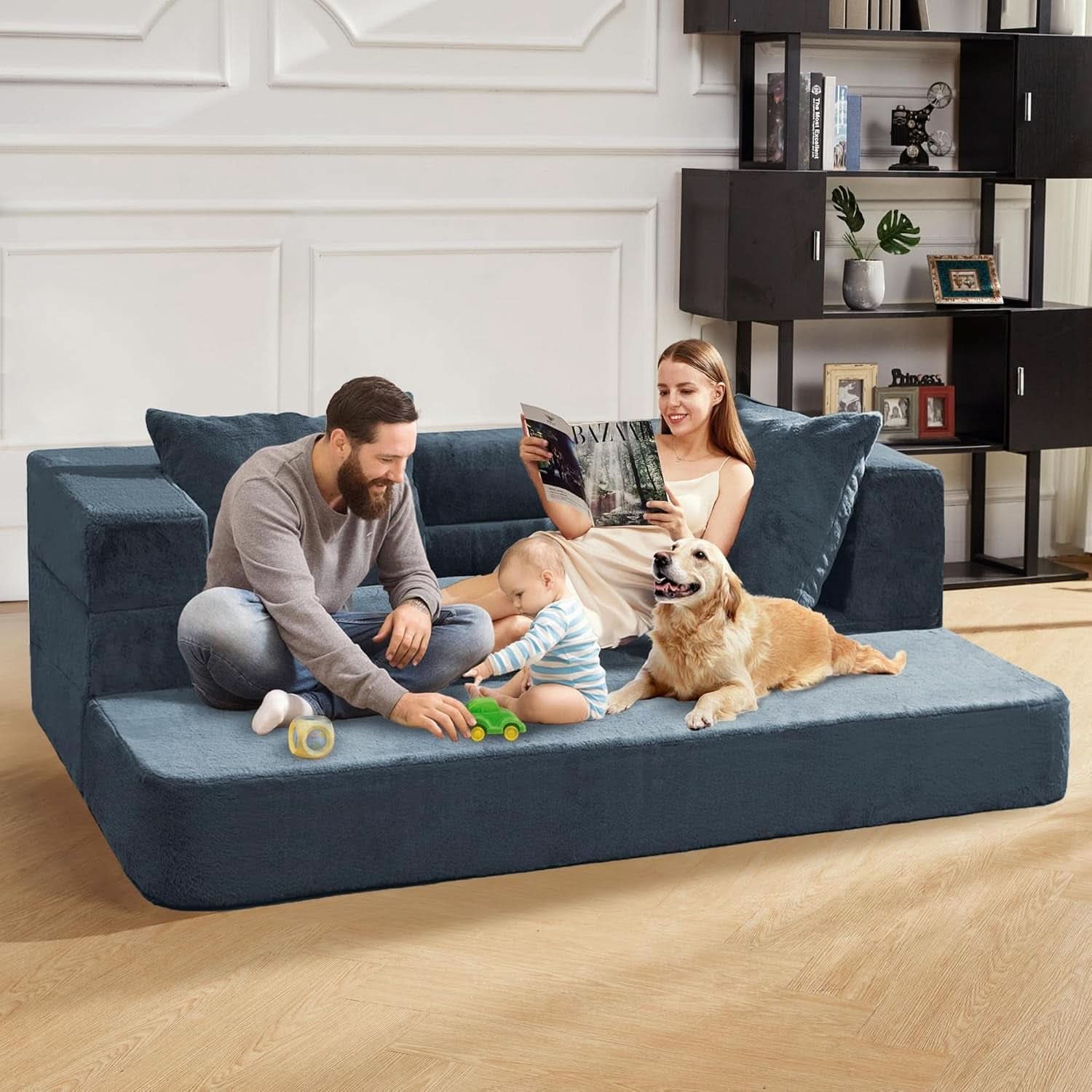 Blue Gray Large 3-In-1 Folding Bean Bag Couch Sofa Bed