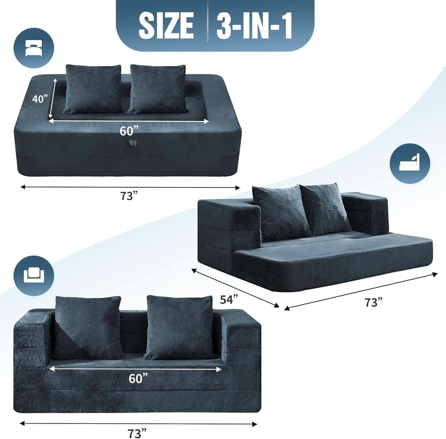 Blue Gray Large 3-In-1 Folding Bean Bag Couch Sofa Bed