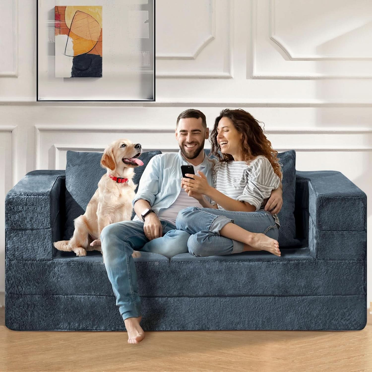 Blue Gray Large 3-In-1 Folding Bean Bag Couch Sofa Bed