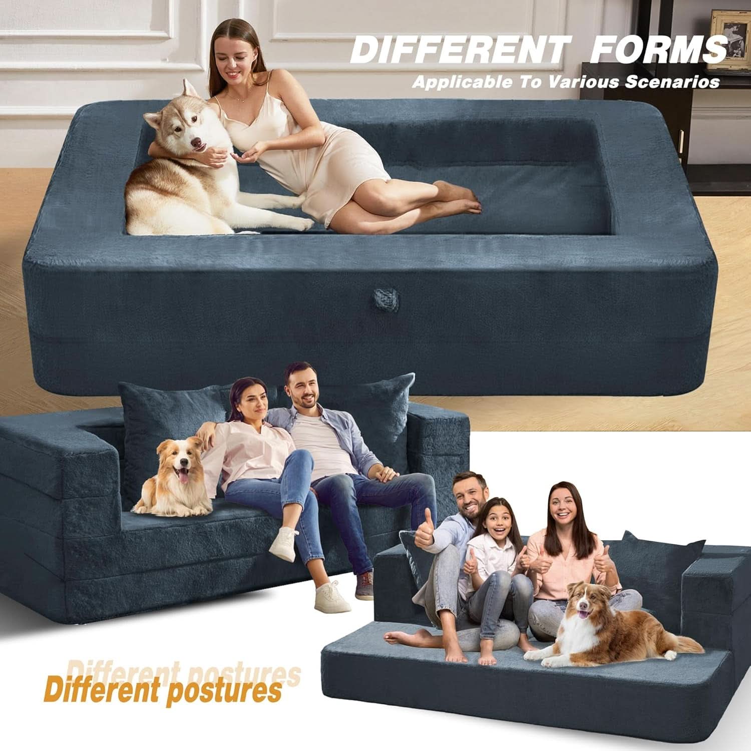 Blue Gray Large 3-In-1 Folding Bean Bag Couch Sofa Bed