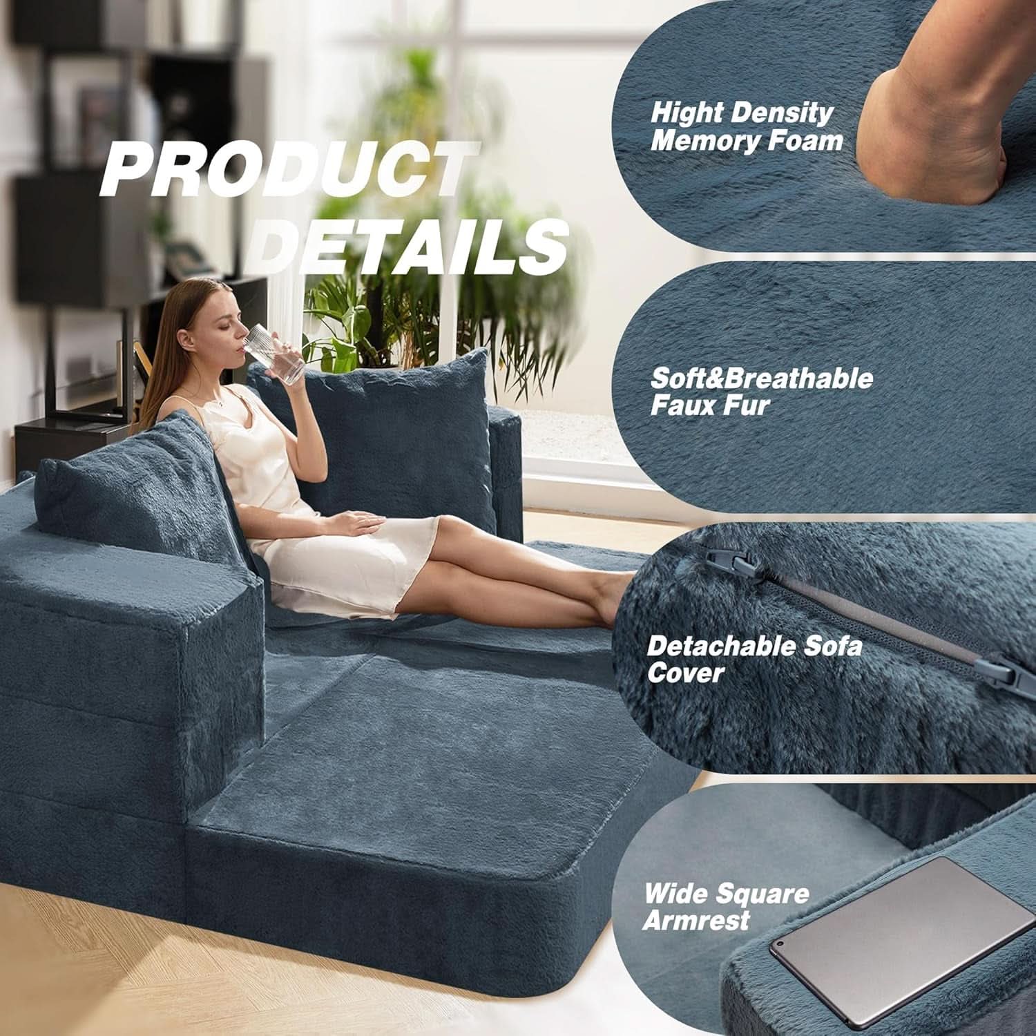 Blue Gray Large 3-In-1 Folding Bean Bag Couch Sofa Bed