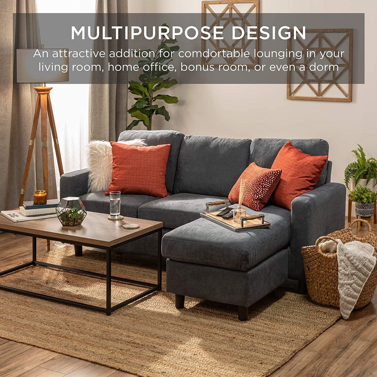 Blue Gray Sectional Sofa With Chaise Lounge For Living Room