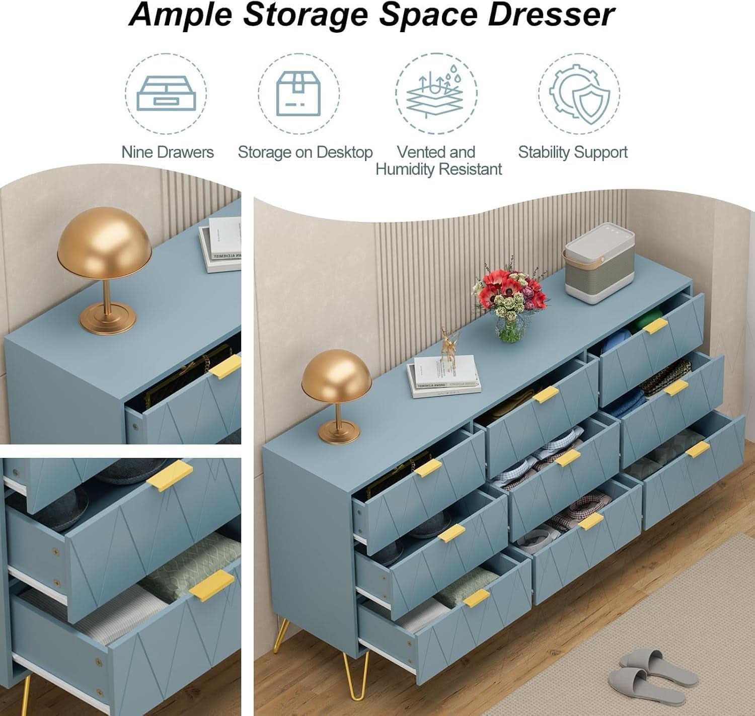 Blue Industrial WalnutFinish Dresser With Wide Drawers