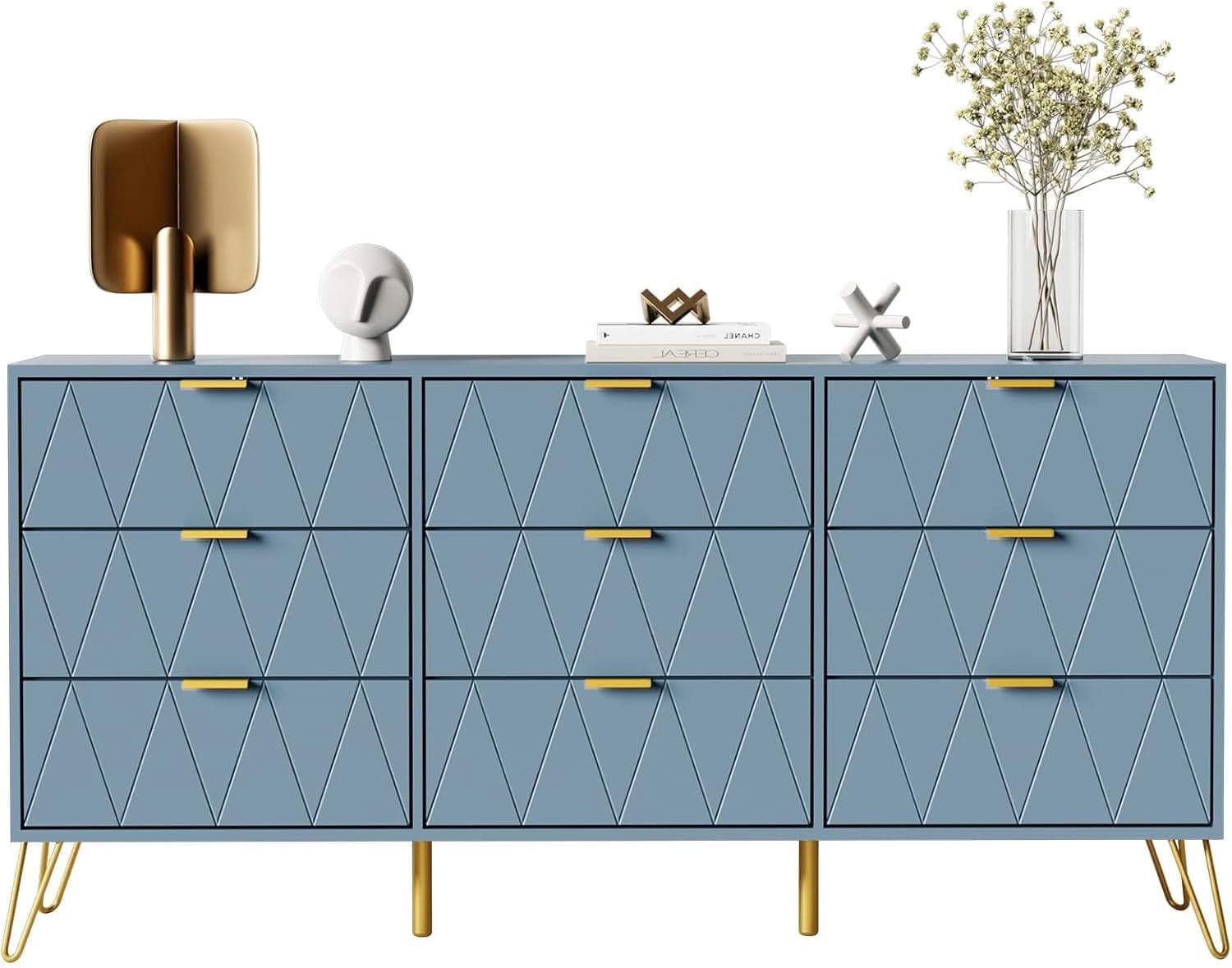 Blue Industrial WalnutFinish Dresser With Wide Drawers