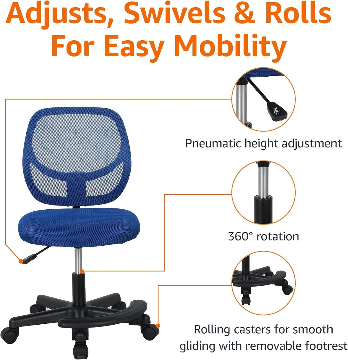 Blue Kids Adjustable Mesh Desk Chair With Footrest