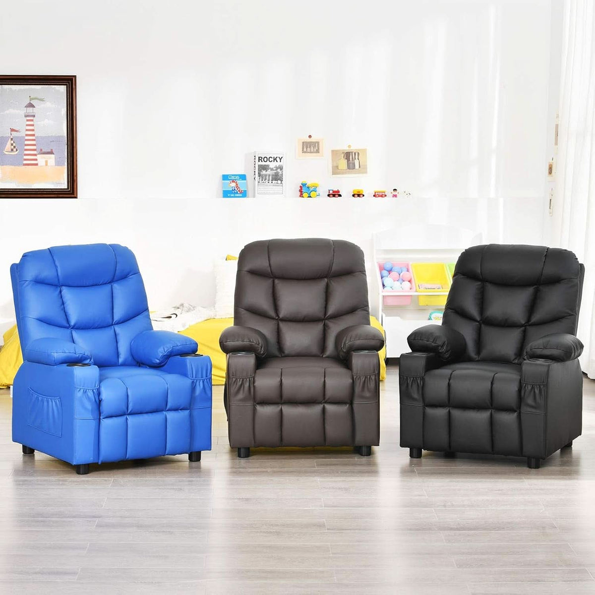 Blue Kids Recliner Chair With Cup Holder And Footrest