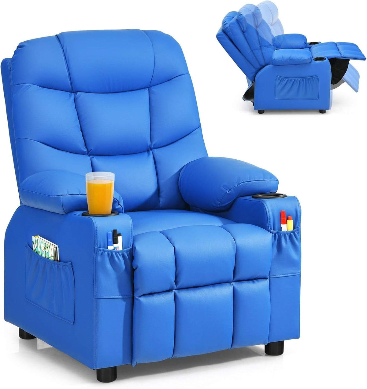 Blue Kids Recliner Chair With Cup Holder And Footrest