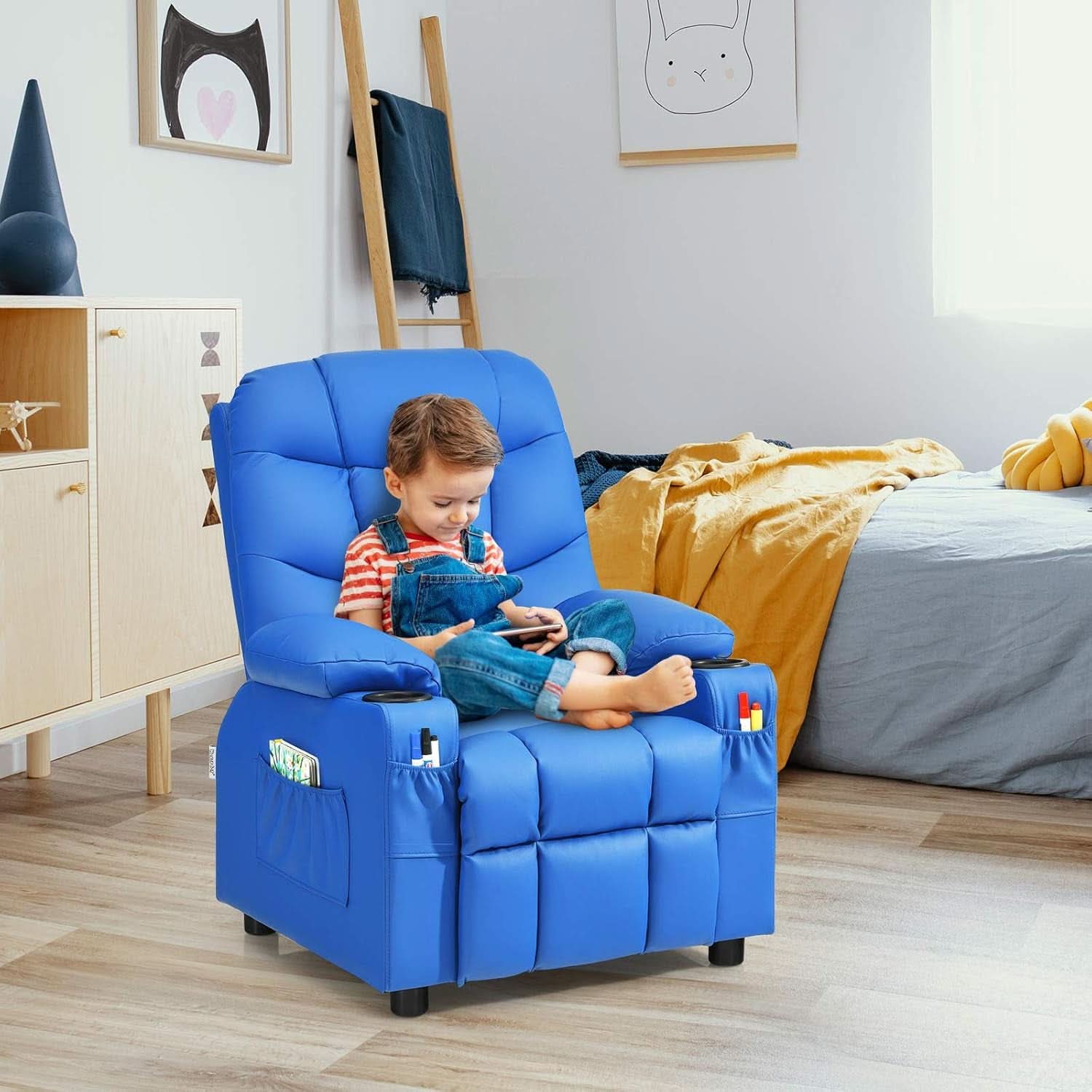 Blue Kids Recliner Chair With Cup Holder And Footrest
